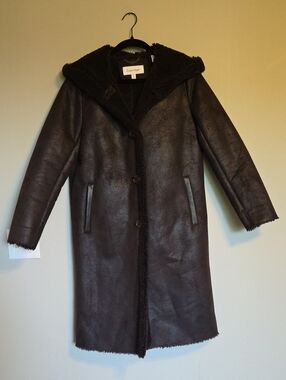 CALVIN KLEIN Women’s Chocolate Fully Lined Hooded Shearling Trench Coat